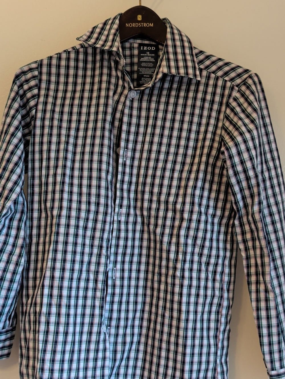 Izod Men's Green, Blue & White Plaid Button-Down Shirt